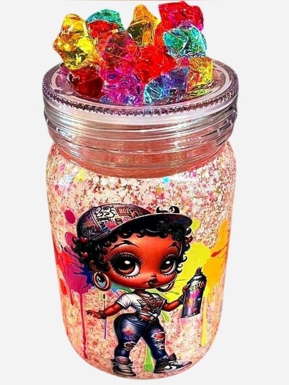 Handcrafted Street Art Paint 20oz Mason Jar Glitter Mug Tumbler Rainbow Girl